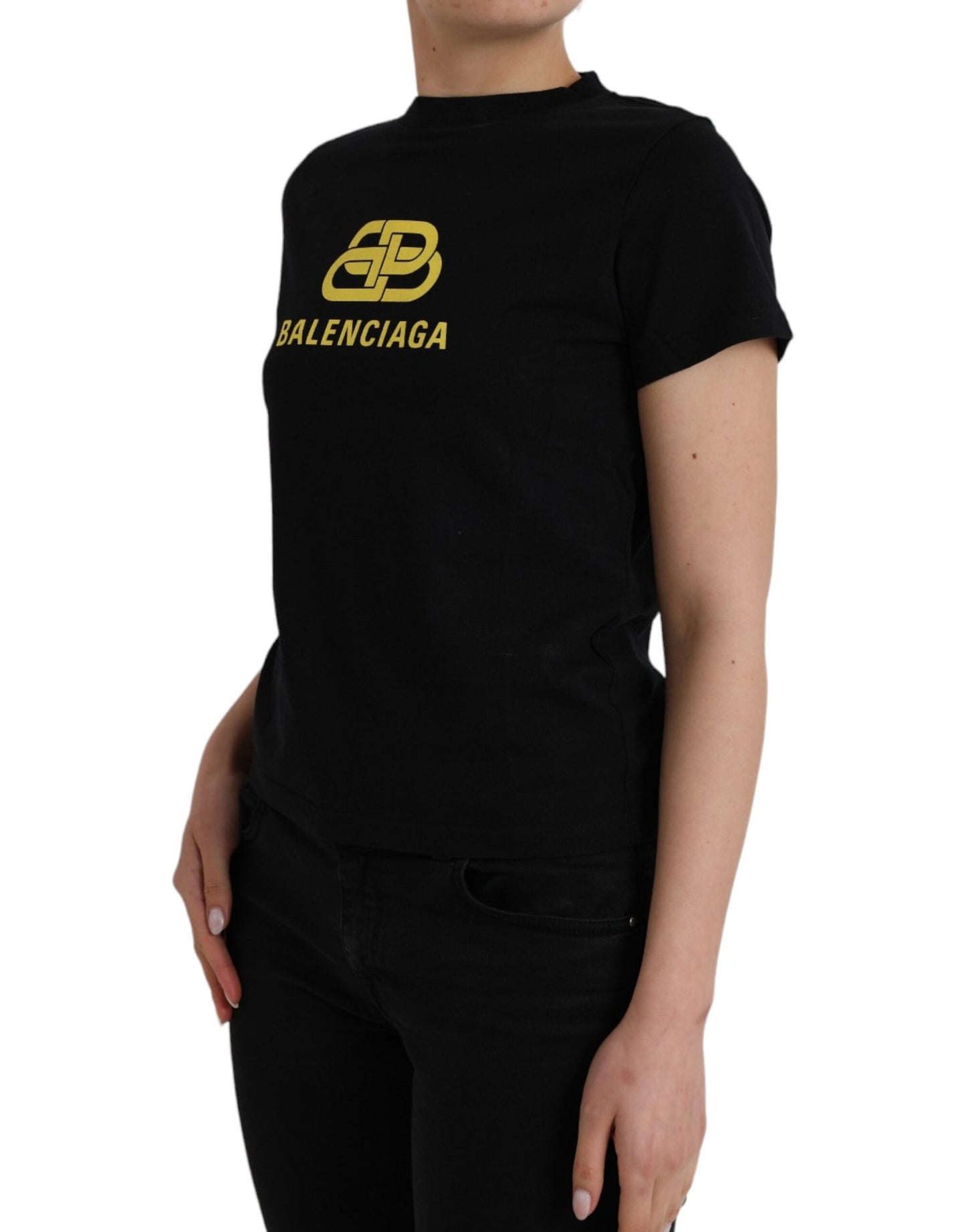 تي شيرت Balenciaga أسود من القطن بطبعة شعار ورقبة دائرية وأكمام قصيرة