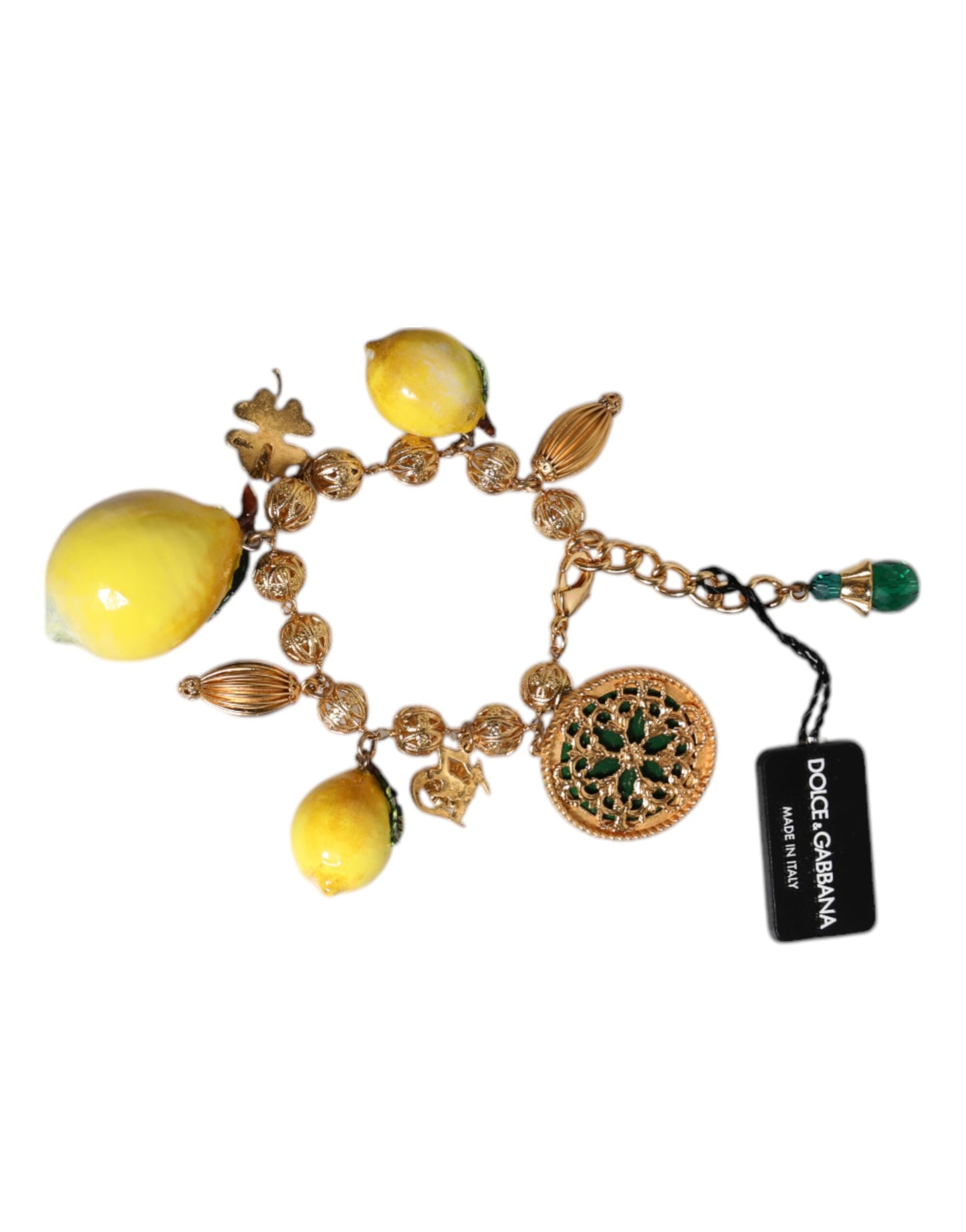 Dolce & Gabbana Gold Tone Brass Filigree Ball Charm Lemon Logo Bracelet