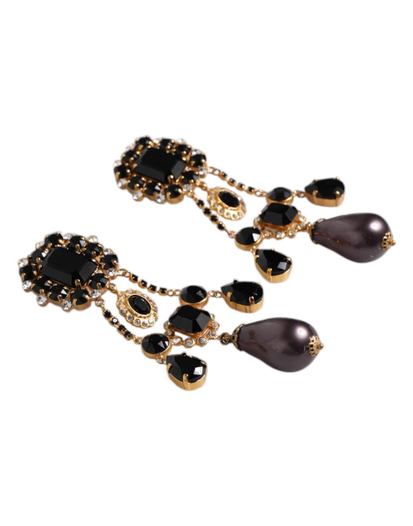 Dolce & Gabbana Gold Tone Brass Black Crystal Clip On Dangling Earrings