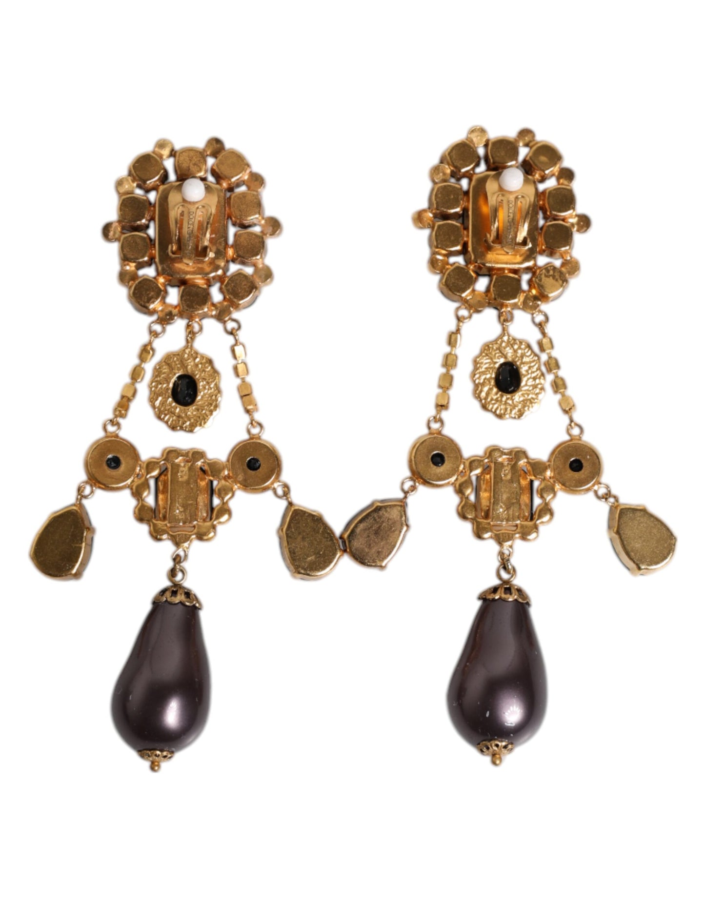 Dolce & Gabbana Gold Tone Brass Black Crystal Clip On Dangling Earrings