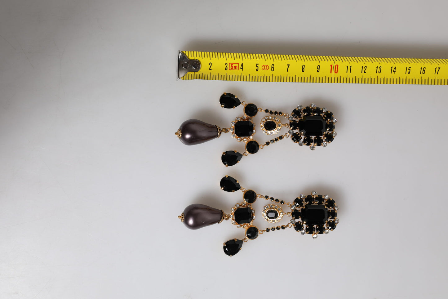 Dolce & Gabbana Gold Tone Brass Black Crystal Clip On Dangling Earrings