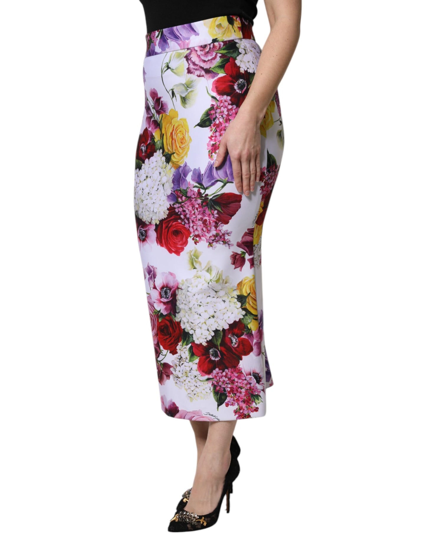 Dolce & Gabbana White Nylon Floral Pencil Cut Midi Skirt