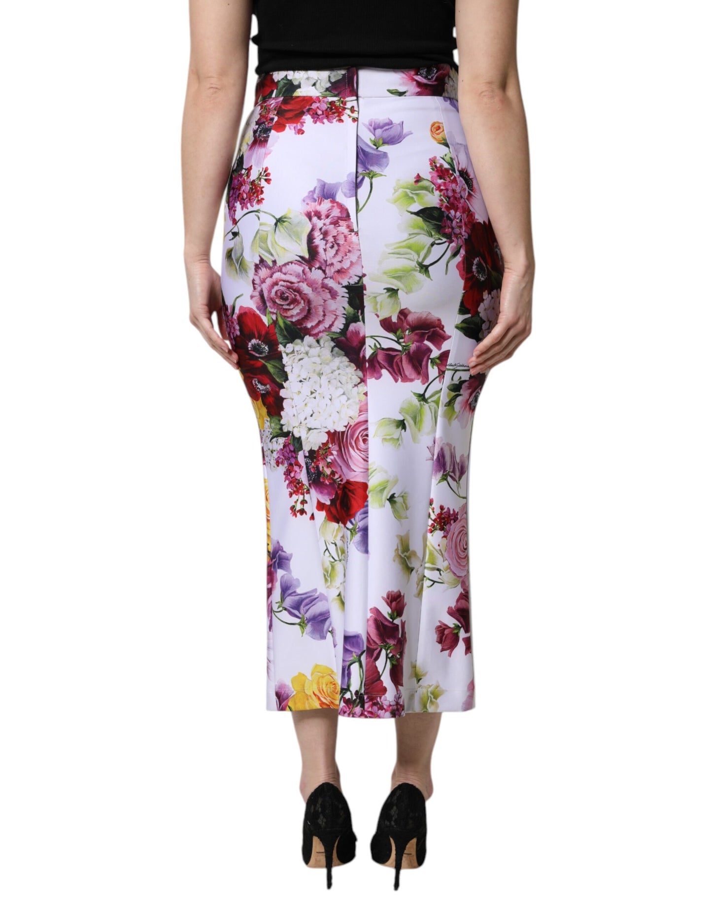 Dolce & Gabbana White Nylon Floral Pencil Cut Midi Skirt