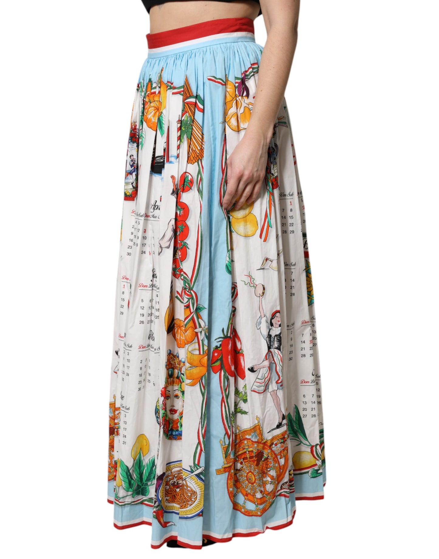 Dolce & Gabbana Multicolor Cotton Calendar Print Maxi Skirt