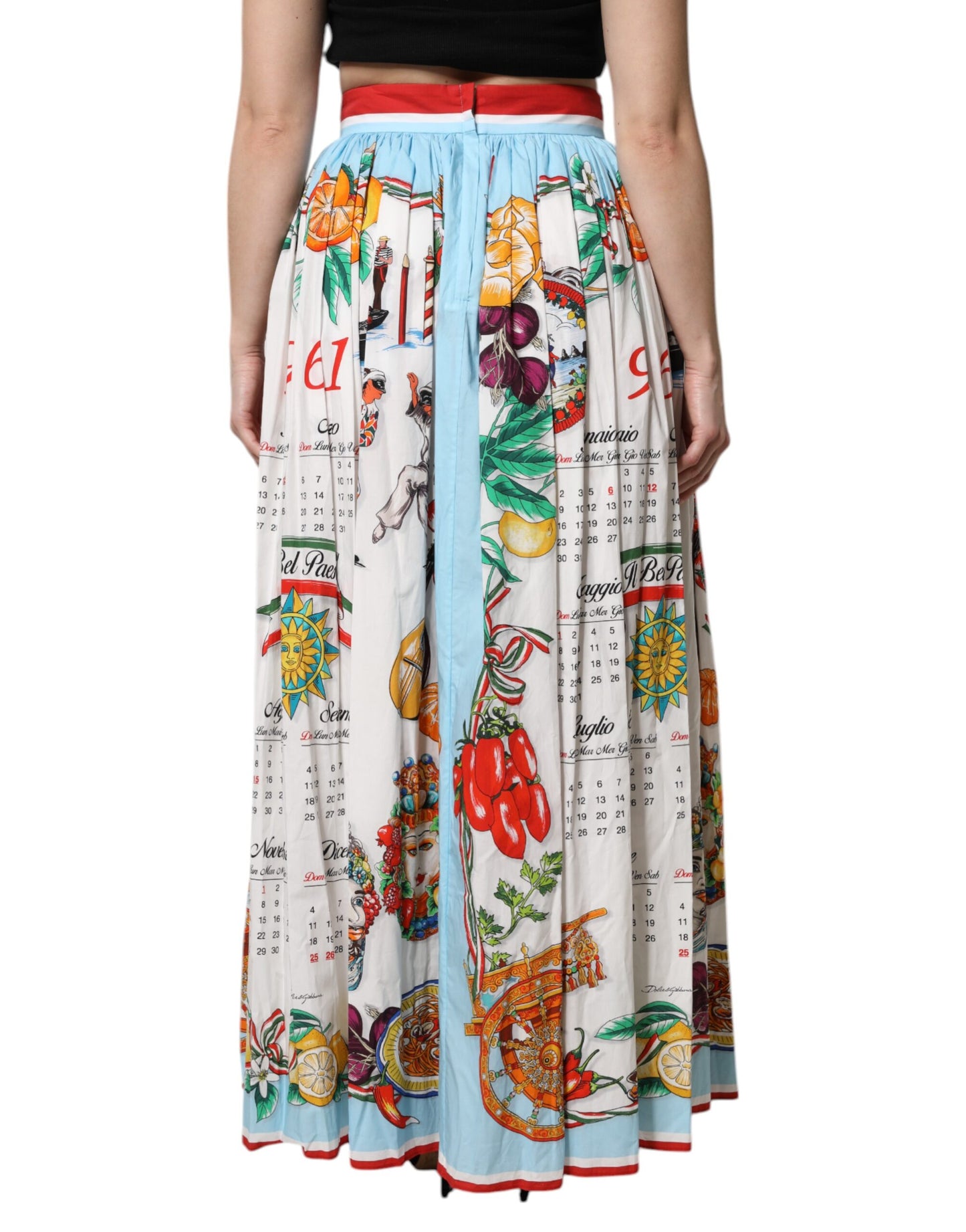 Dolce & Gabbana Multicolor Cotton Calendar Print Maxi Skirt