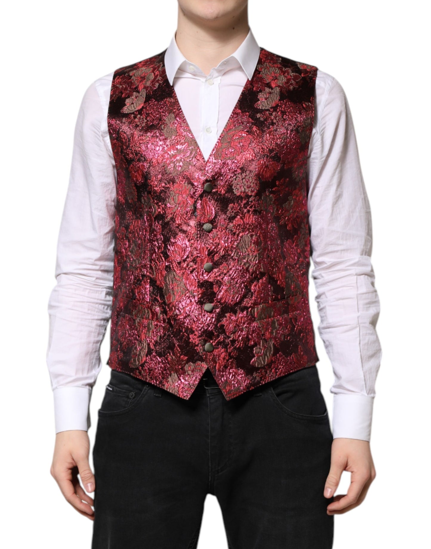 Dolce & Gabbana Red Floral Brocade Formal Men Waistcoat Vest