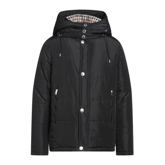 سترة Aquascutum السوداء الأنيقة ذات غطاء الرأس القابل للإزالة