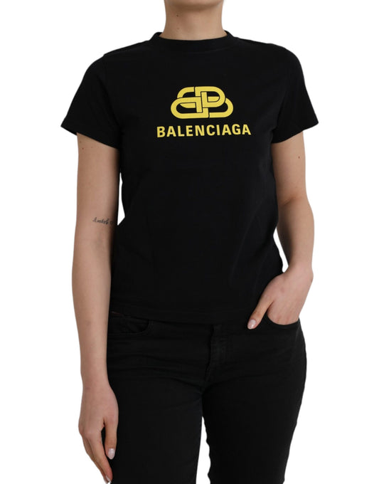 تي شيرت Balenciaga أسود من القطن بشعار وفتحة رقبة دائرية وأكمام قصيرة