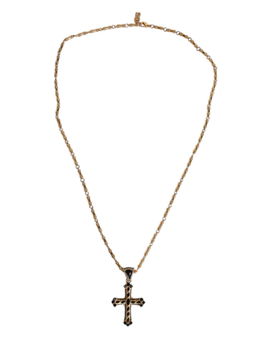 Dolce & Gabbana Gold Brass Chain Religious Crystal Cross Pendant Necklace