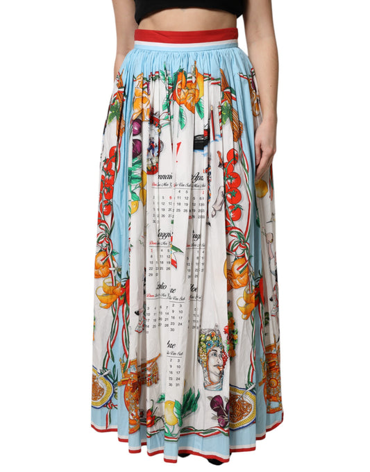 Dolce & Gabbana Multicolor Cotton Calendar Print Maxi Skirt