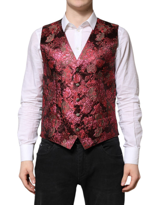 Dolce & Gabbana Red Floral Brocade Formal Men Waistcoat Vest