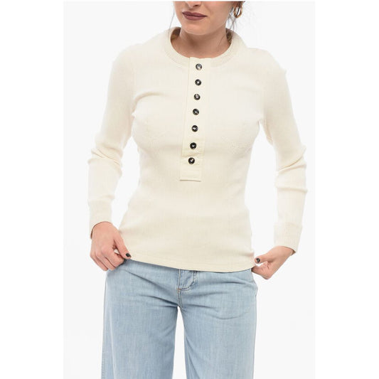 Bottega Veneta Crew Neck Ribbed Stretch Cotton Sweater with Buttons