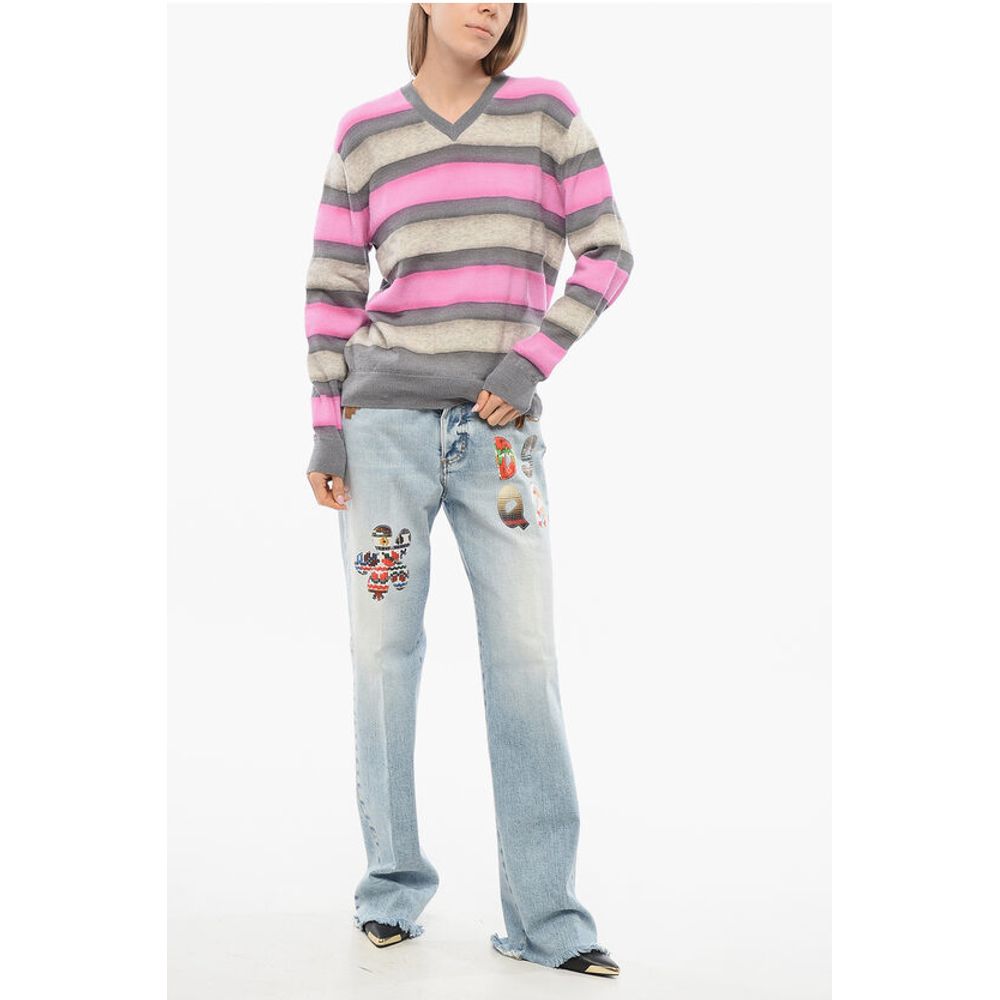 Dsquared² Balanced Stripe Wool Blend Sweater with V Neck
