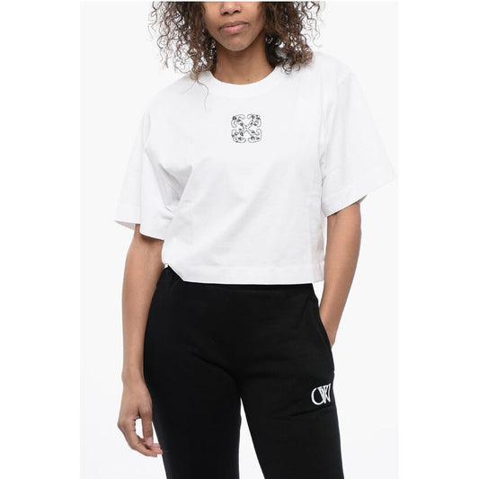 Off-White Crew-neck Crop T-Shirt with Rhinestones Embellished Logo