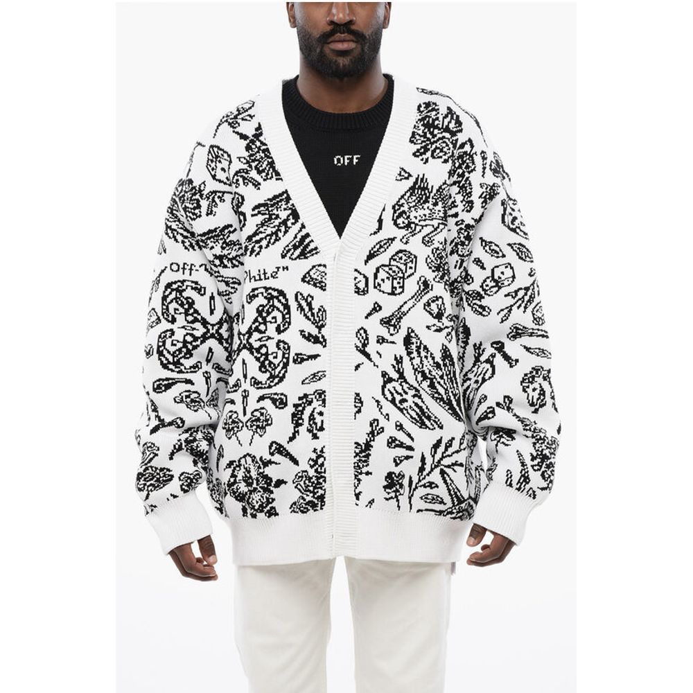 Off-White Patterned Cardigan with Zip Detail