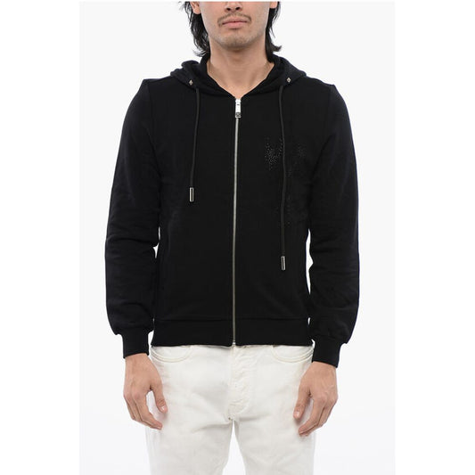 John Richmond Brushed Cotton Zipped Hoodie With Strass Tribal